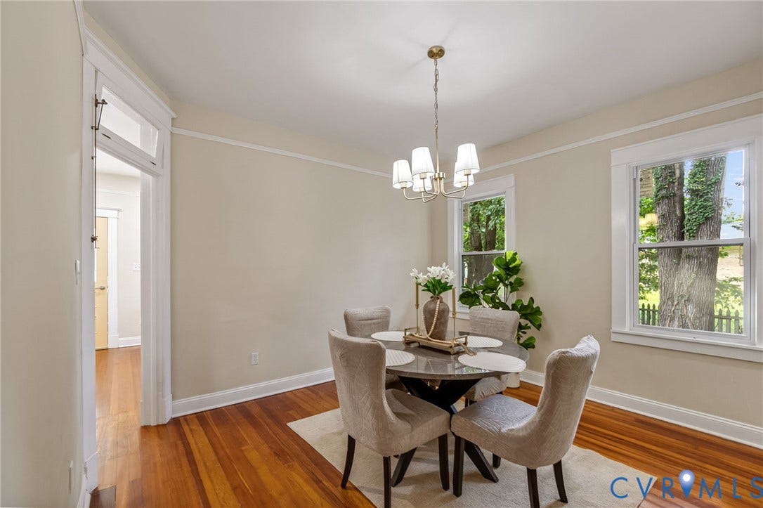 12105 Mathenay Drive, Mathenay, Chesterfield, VA 23831 Wood-finish flooring with an overhead chandelier
