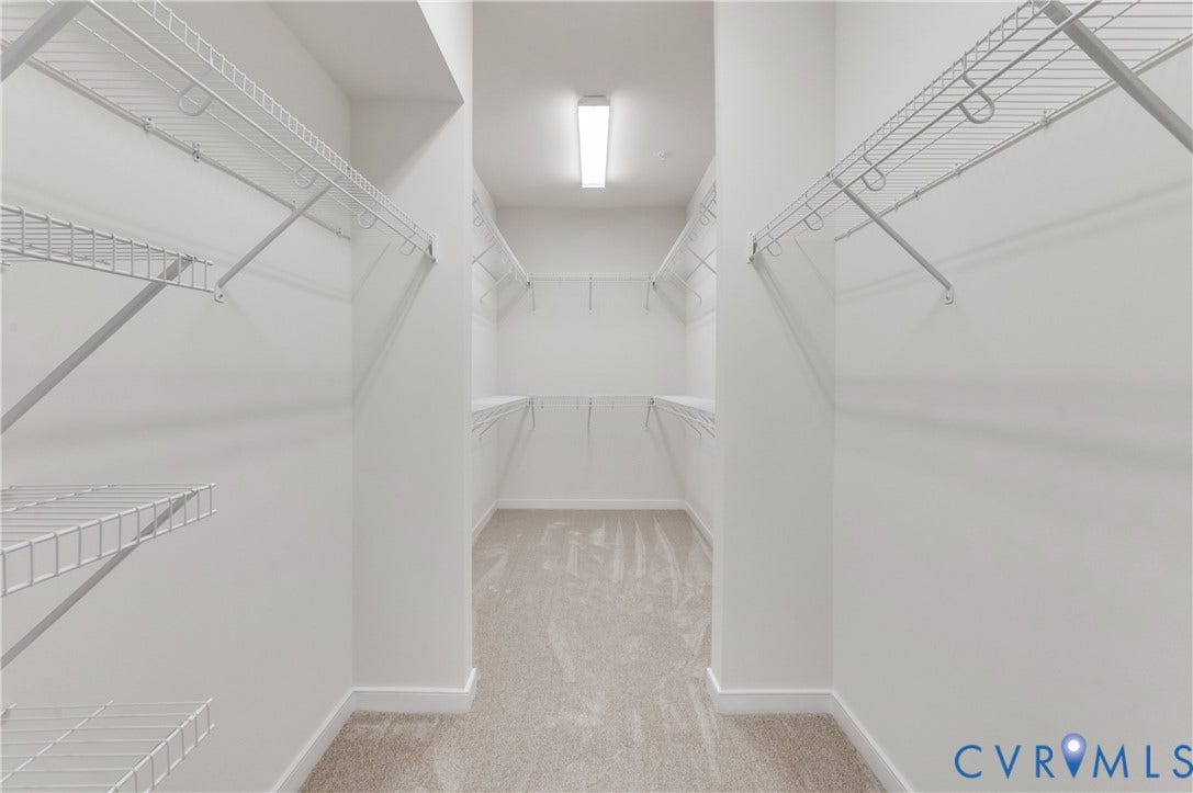 Walk-in closet featuring light-toned carpet flooring and wire shelving systems