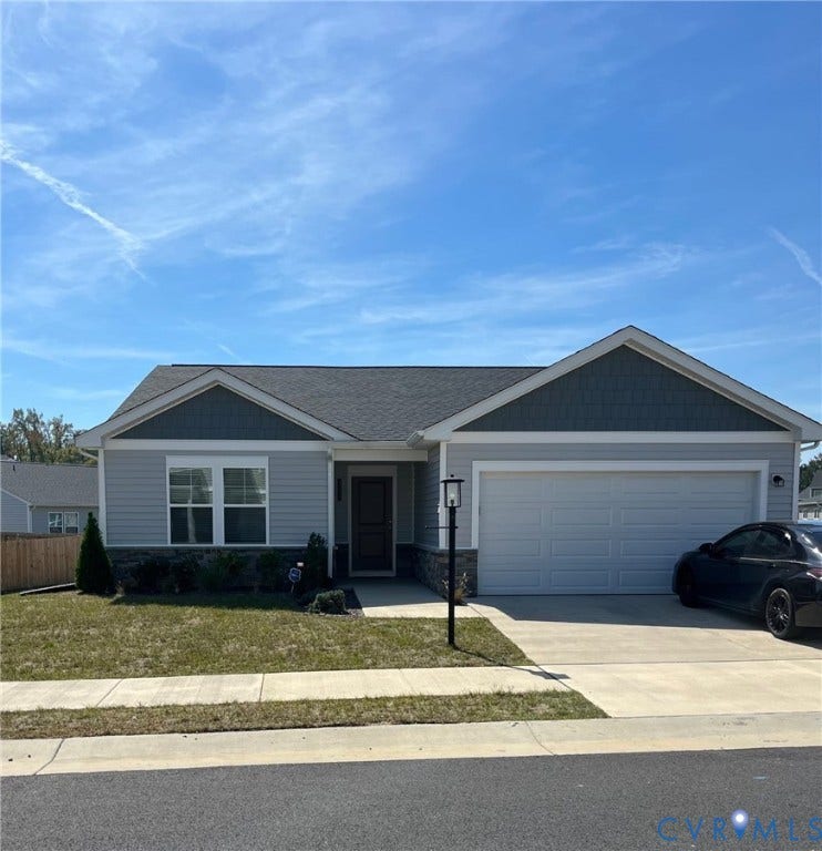 321 Camerons Ferry Drive, Glen Allen, VA 23060 Single-story residence featuring light gray siding, dark gray shake accents, and a dark gray shingle roof