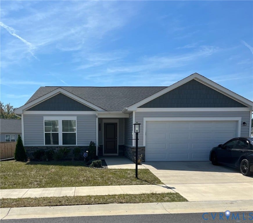321 Camerons Ferry Drive, Glen Allen, VA 23060 Light gray siding exterior with stone accent, dark gray shingle roofing, and a two-car garage