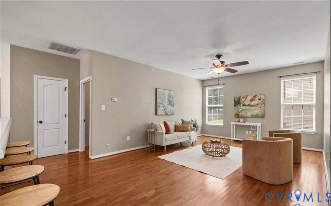 7319 Vicenzo Drive, Moseley, VA 23120 Hardwood flooring throughout, neutral paint palette, ceiling fan with integrated lighting, recessed lighting, and white trim