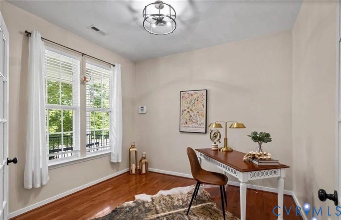 7319 Vicenzo Drive, Moseley, VA 23120 Hardwood flooring, dual windows with blinds, ceiling-mounted light fixture, and French doors