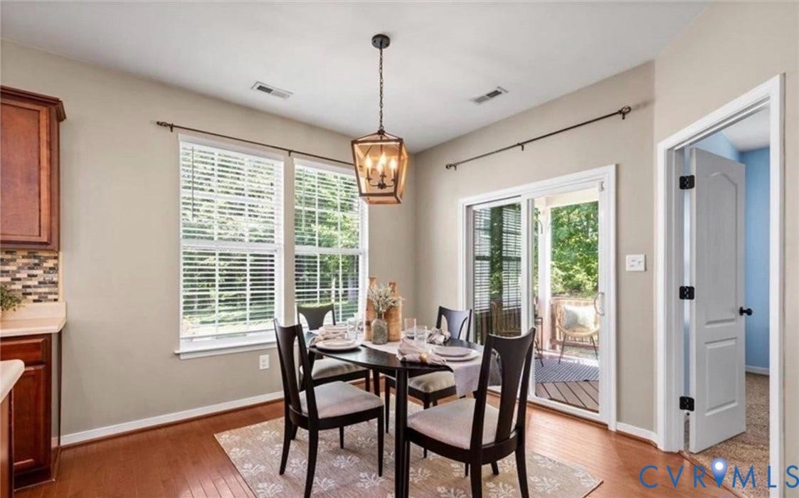 7319 Vicenzo Drive, Moseley, VA 23120 Hardwood-style flooring with a sliding glass door to exterior, and a built-in kitchen cabinet with stone-look countertop and tile backsplash