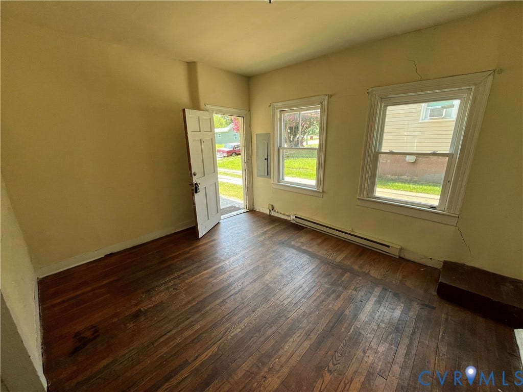 927 Farmer Street, Petersburg, VA 23803 Hardwood flooring throughout, two windows for natural light, and a white paneled entry door
