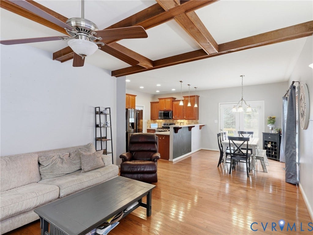 13925 Gorham Lane, Charter Colony, Midlothian, VA 23114 Vaulted ceiling with exposed wood beams, hardwood flooring, ceiling fan, and recessed lighting