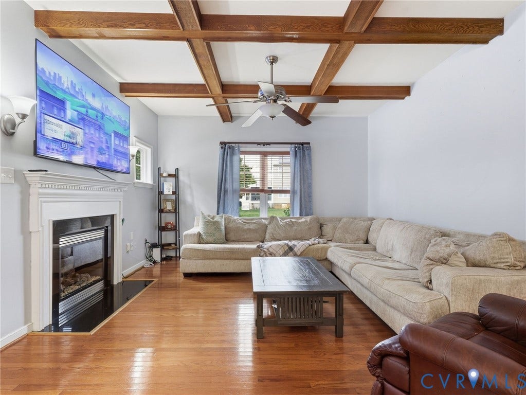 13925 Gorham Lane, Charter Colony, Midlothian, VA 23114 Living space featuring wood-finish flooring and a decorative ceiling with exposed beams