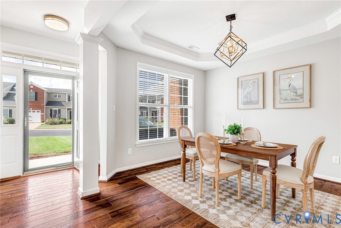 7728 Marshall Arch Drive, Liberty Trace, Mechanicsville, VA 23111 Hardwood-finish flooring, recessed lighting, tray ceiling, modern geometric chandelier, and white window blinds
