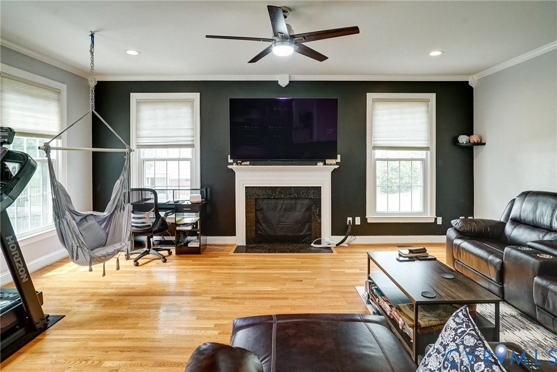8805 Eli Place, Kings Forest, Glen Allen, VA 23060 Hardwood flooring, recessed lighting, and a ceiling fan with light fixture