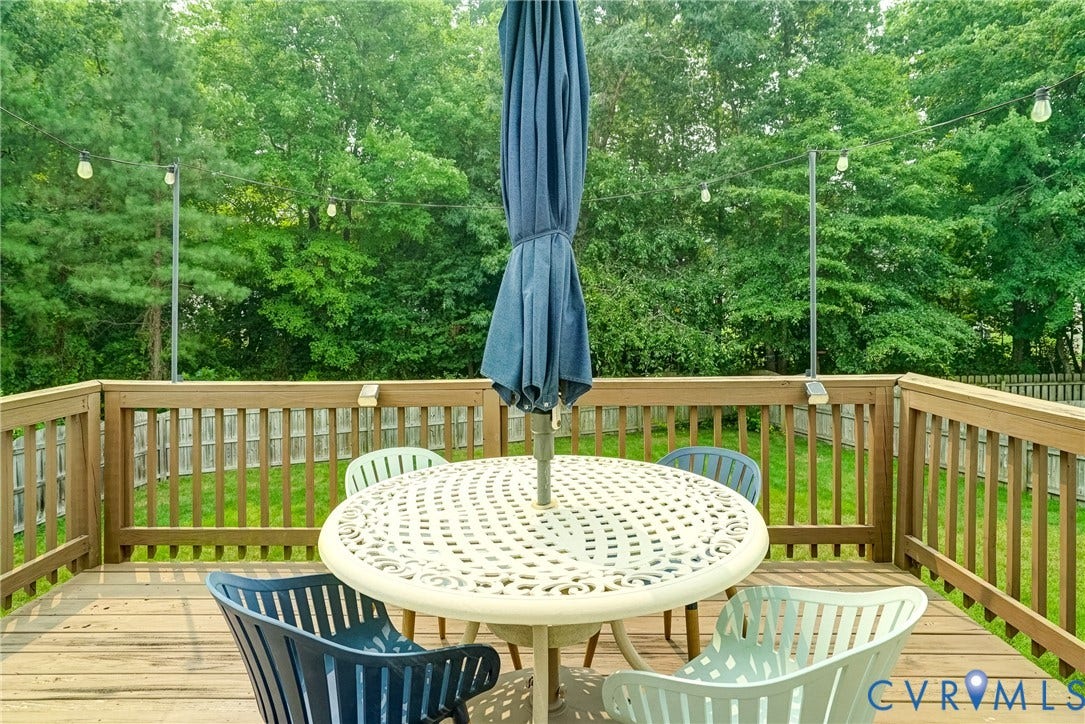 8805 Eli Place, Kings Forest, Glen Allen, VA 23060 Wood deck with a slatted railing, overlooking a fenced yard and mature trees