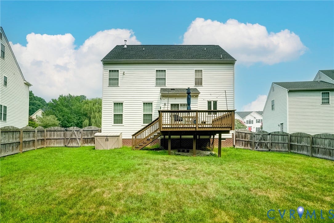 8805 Eli Place, Kings Forest, Glen Allen, VA 23060 Expansive backyard featuring a wood privacy fence, a multi-level wood deck, and a storage shed