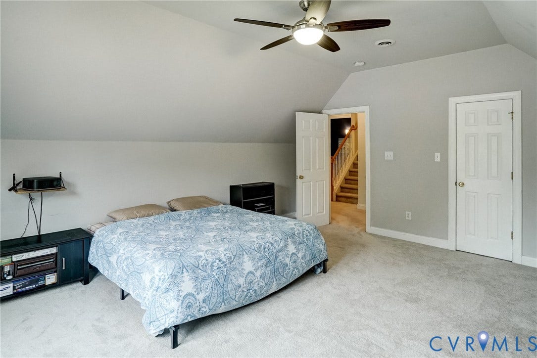 8805 Eli Place, Kings Forest, Glen Allen, VA 23060 Carpeted room featuring a ceiling fan with integrated lighting, recessed lighting, and a paneled door