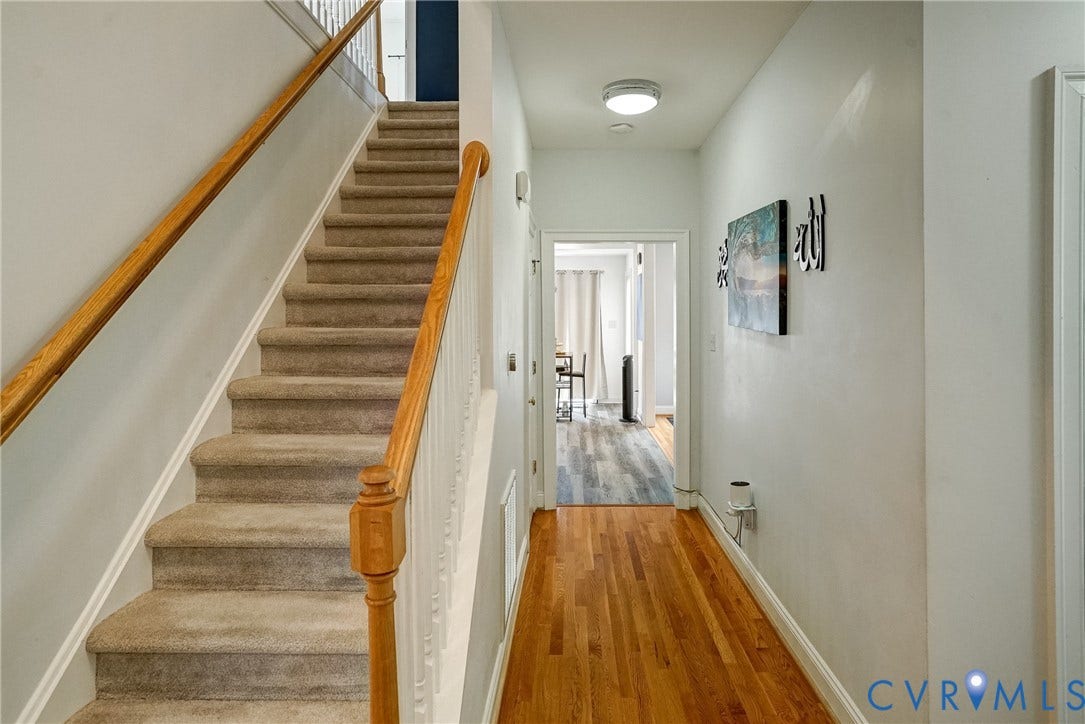 8805 Eli Place, Kings Forest, Glen Allen, VA 23060 Carpeted staircase with wood handrails and white balusters
