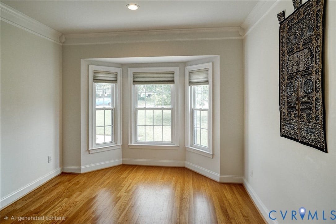 8805 Eli Place, Kings Forest, Glen Allen, VA 23060 Bay window with multiple double-hung windows, recessed ceiling lighting, crown molding, light wood-finish flooring, and white baseboards