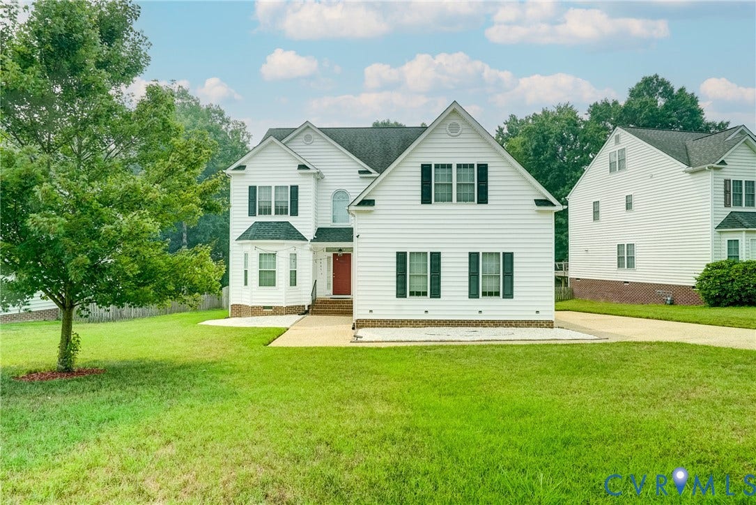 8805 Eli Place, Kings Forest, Glen Allen, VA 23060 Two-story residence with white siding, dark shutters, and a bay window