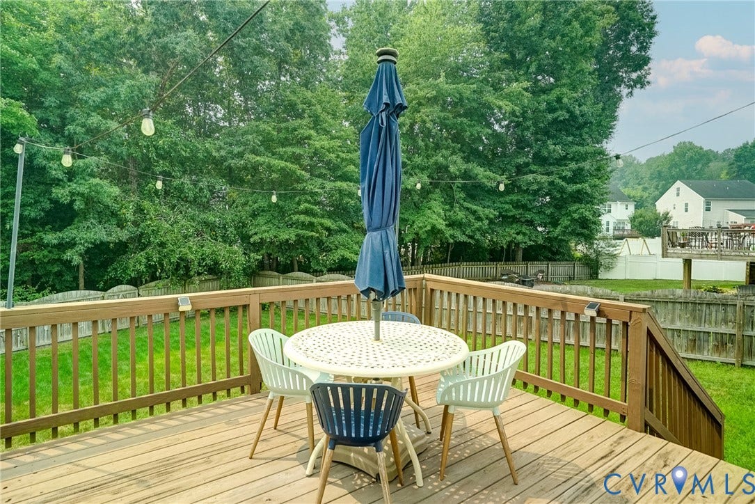 8805 Eli Place, Kings Forest, Glen Allen, VA 23060 Expansive wood deck with a full railing and integrated string lights