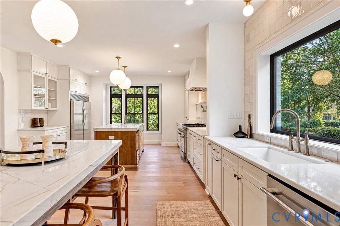 404 Waveny Road, Westham, Henrico, VA 23229 Kitchen featuring custom white cabinetry, stone countertops, wood-finish flooring, a central island with wood base, and globe pendant lighting