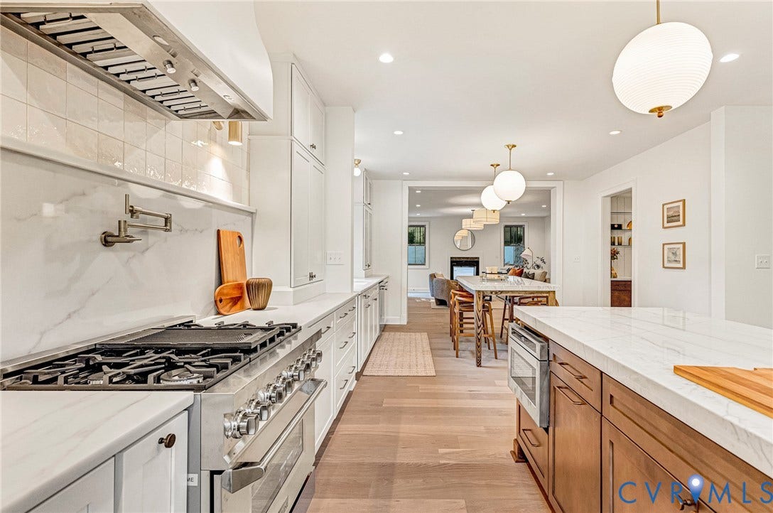 404 Waveny Road, Westham, Henrico, VA 23229 Kitchen featuring white shaker-style cabinetry, solid-surface countertops with continuous backsplash, stainless steel professional-grade range, wall-mounted pot filler, and wood-finish flooring