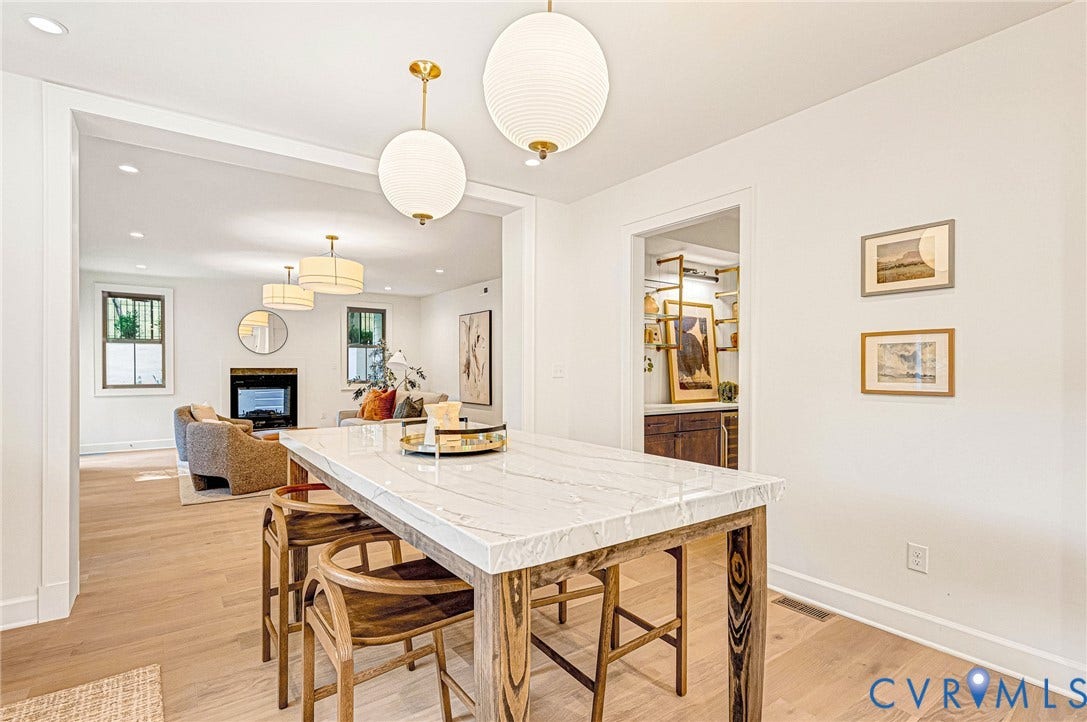 404 Waveny Road, Westham, Henrico, VA 23229 Light-toned wood-finish flooring, stone-surfaced island, and globe-style pendant lighting