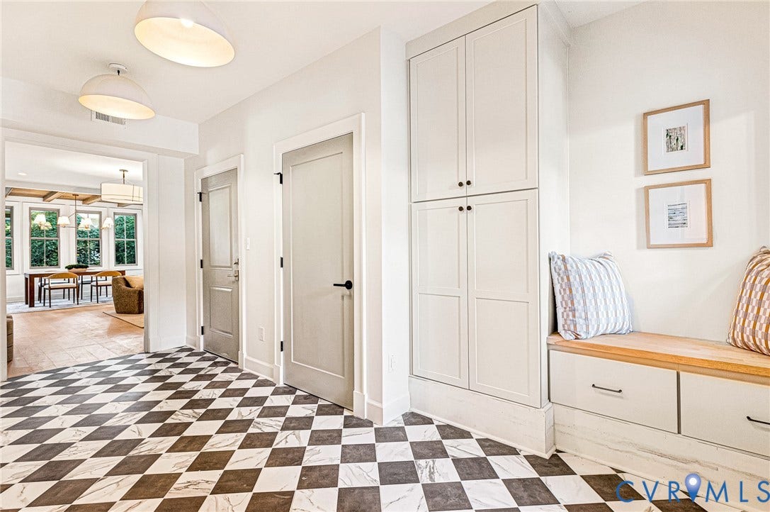 404 Waveny Road, Westham, Henrico, VA 23229 Checkerboard stone tile flooring, built-in floor-to-ceiling cabinetry, custom wooden bench seat with lower storage drawers, and dual dome-style pendant lighting