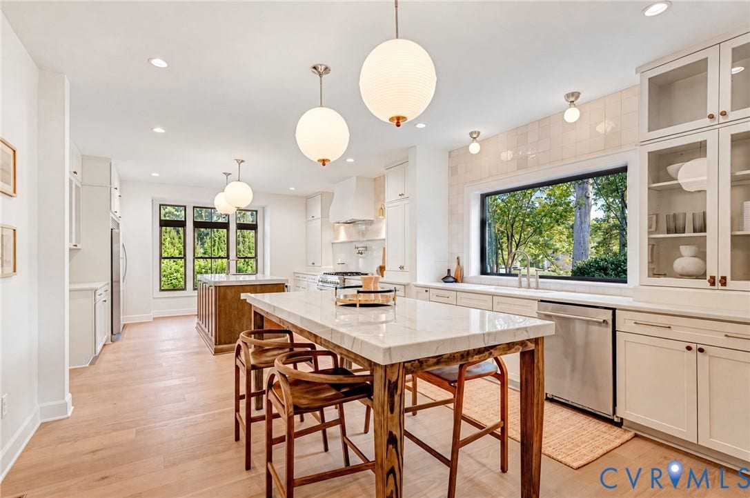 404 Waveny Road, Westham, Henrico, VA 23229 Kitchen featuring an expansive stone-topped island with wood base, white shaker-style cabinetry, recessed and globe pendant lighting, tile backsplash, and light-tone wood-finish flooring