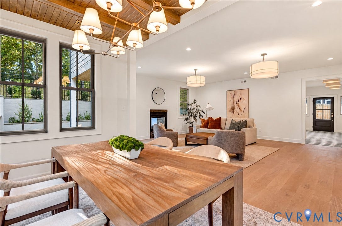 404 Waveny Road, Westham, Henrico, VA 23229 Wood-plank ceiling treatment, multi-light chandelier, wide-plank wood-finish flooring, and recessed lighting