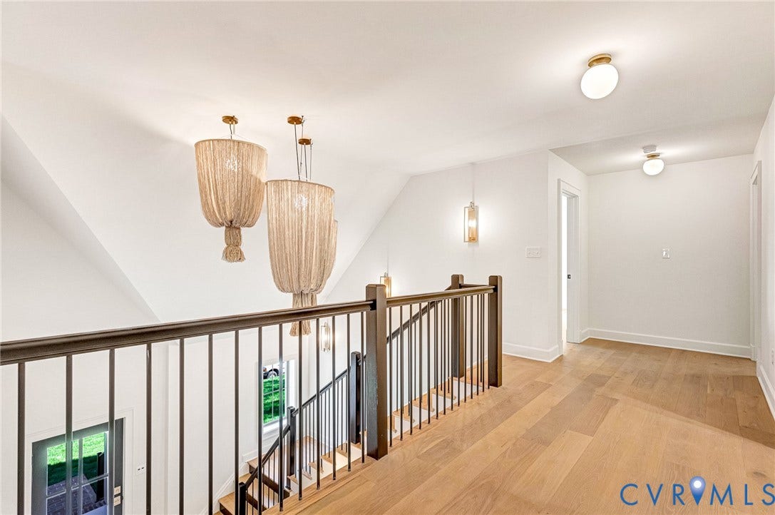 404 Waveny Road, Westham, Henrico, VA 23229 Landing area featuring wood-finish flooring, metal railing, woven pendant lighting, flush-mount globe fixtures, and wall-mounted sconces