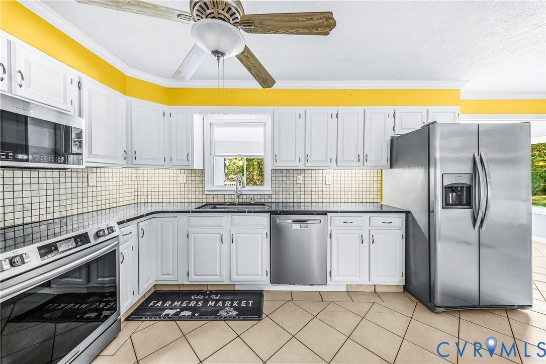 White cabinetry with dark countertops