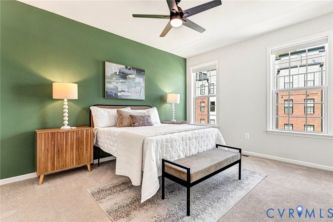 Recessed lighting, ceiling fan, and dual windows