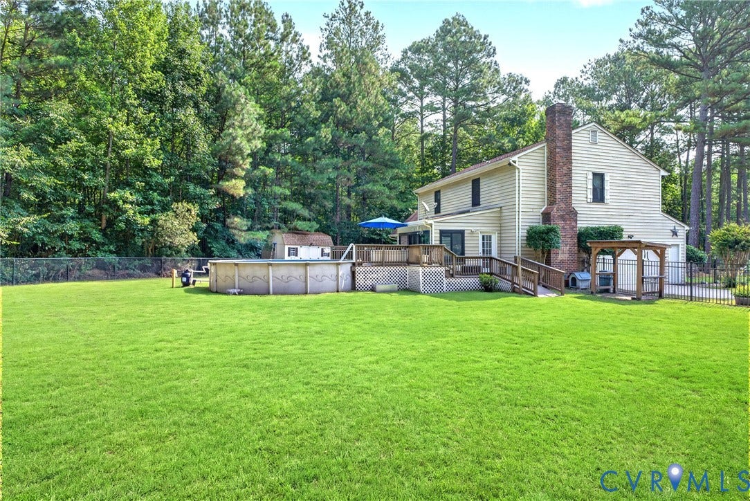 Side yard with view of Pool, Fences and Shed for Grills