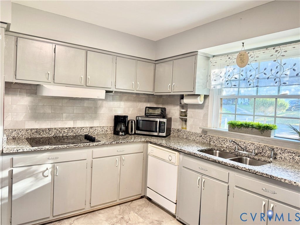 Light gray cabinetry with brushed nickel pulls, speckled countertops, tile backsplash, built-in cooktop, and an undermount double-basin sink