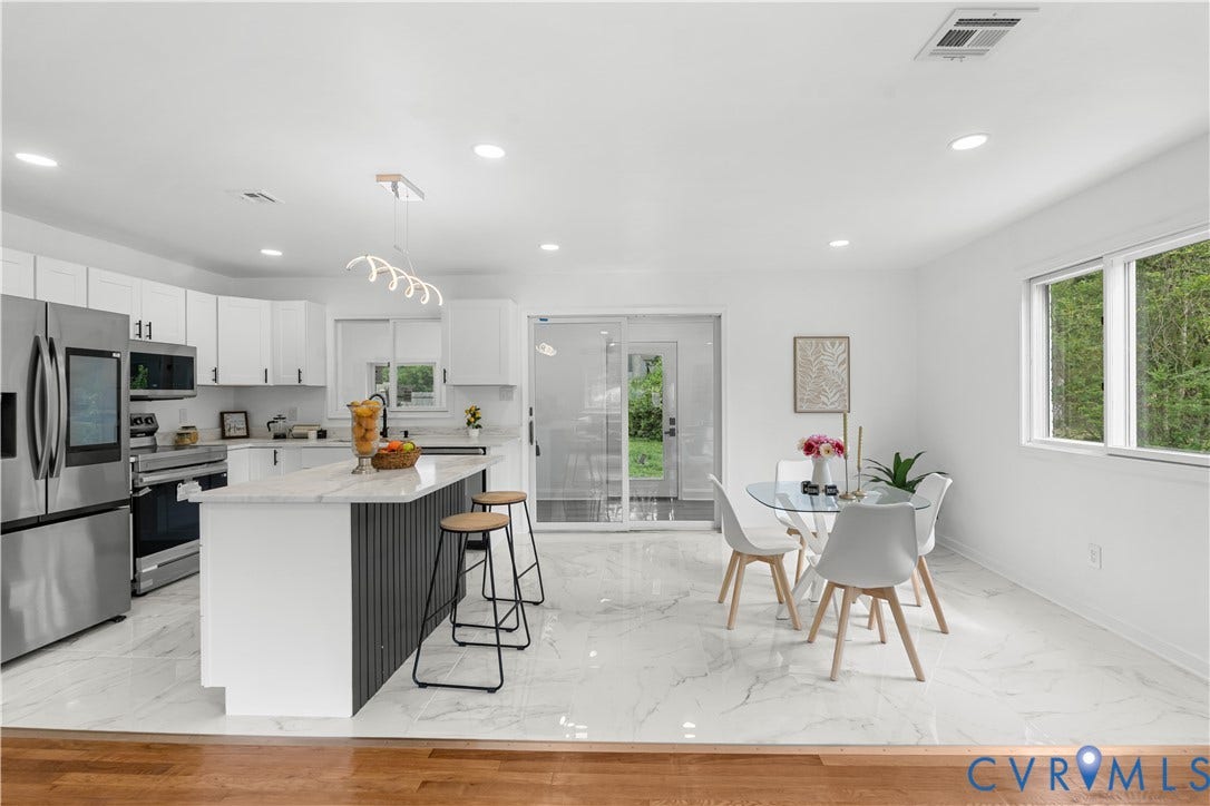4911 Aqua Lane, Prince George, VA 23875 Modern kitchen featuring stainless steel appliances, white cabinetry, a kitchen island with seating, and white marble-look flooring