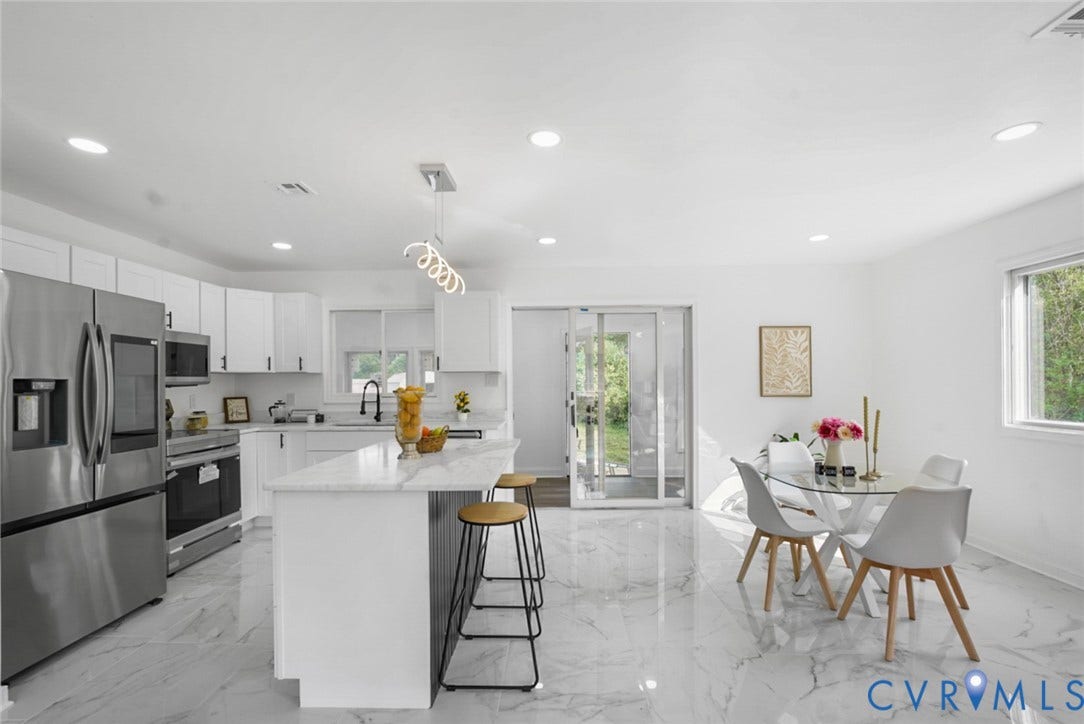 4911 Aqua Lane, Prince George, VA 23875 Open-concept kitchen and dining area featuring white cabinetry, stainless steel appliances, a center island with a stone countertop, and high-gloss tile flooring