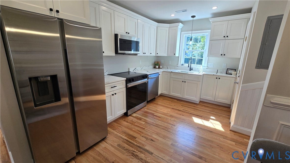 Hardwood flooring, white cabinetry, stainless steel appliances, white countertops, and a single basin sink