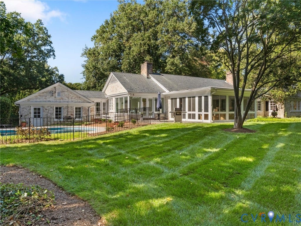 6208 Tapoan Place, Three Chopt, Richmond, VA 23226 Expansive backyard with a fenced swimming pool, screened porch, and brick exterior