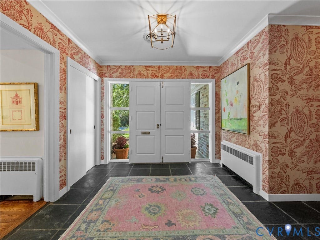 6208 Tapoan Place, Three Chopt, Richmond, VA 23226 Double entry doors with sidelight windows, slate tile flooring, intricate patterned wallpaper, crown molding, and a ceiling-mounted light fixture