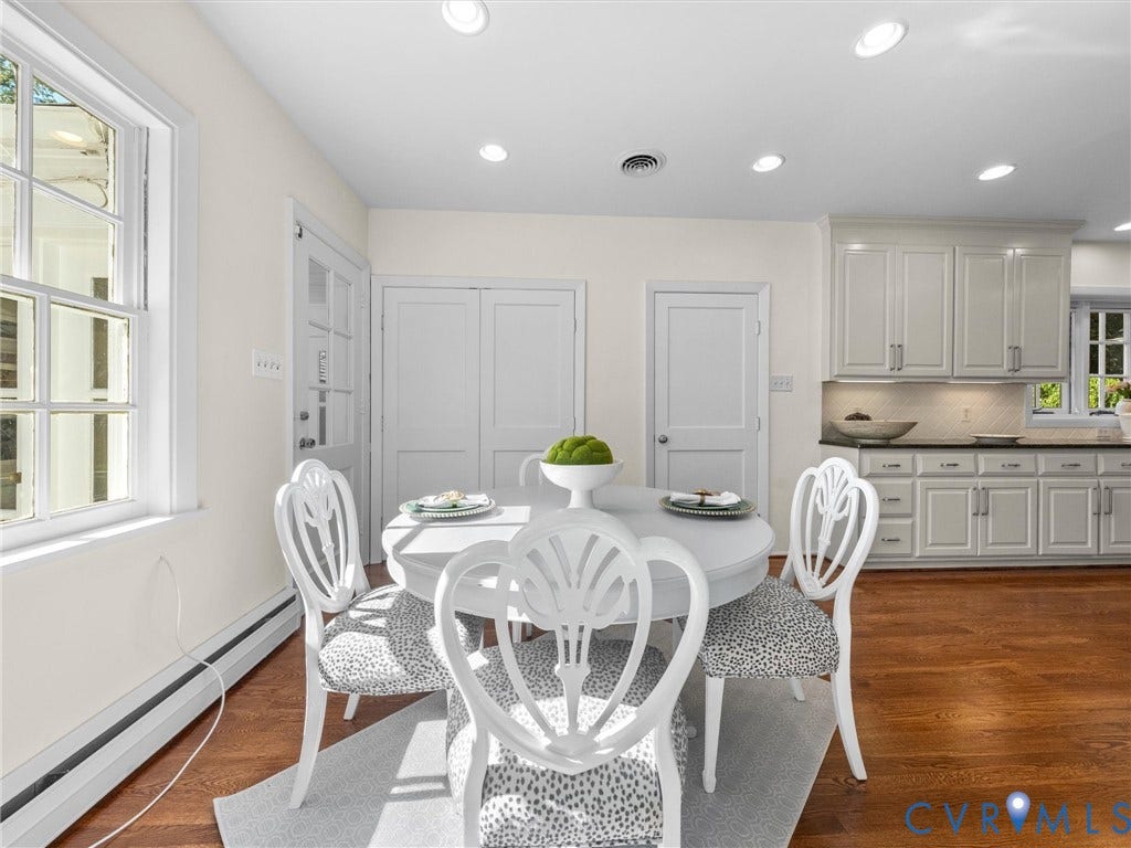 6208 Tapoan Place, Three Chopt, Richmond, VA 23226 Hardwood flooring with a matte finish, white cabinetry with dark hardware, recessed lighting, and a kitchen backsplash