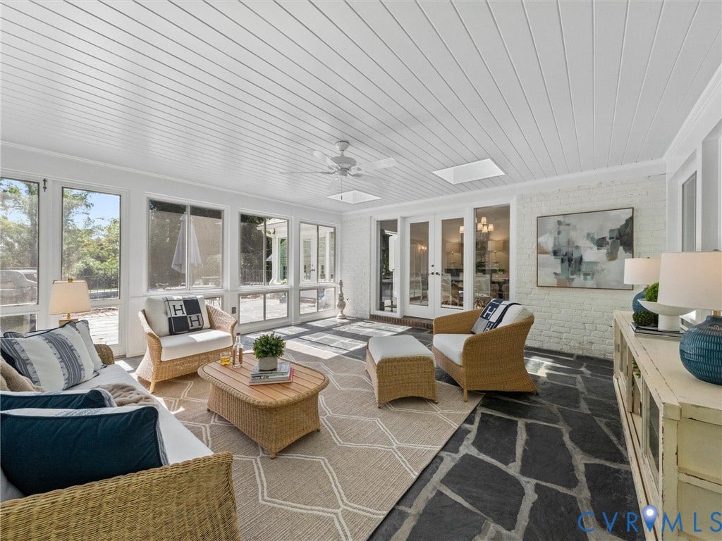 6208 Tapoan Place, Three Chopt, Richmond, VA 23226 Sunroom featuring multiple windows, a planked ceiling, two skylights, and dark stone flooring