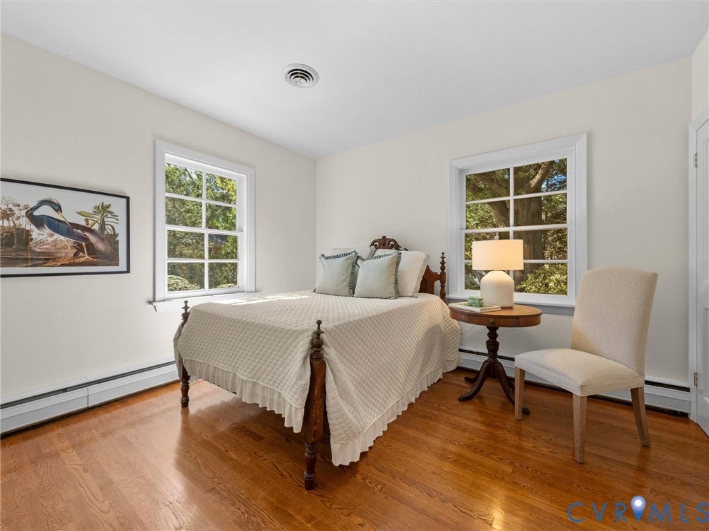 6208 Tapoan Place, Three Chopt, Richmond, VA 23226 Hardwood flooring, painted walls, two multi-pane windows, and a built-in baseboard heating unit