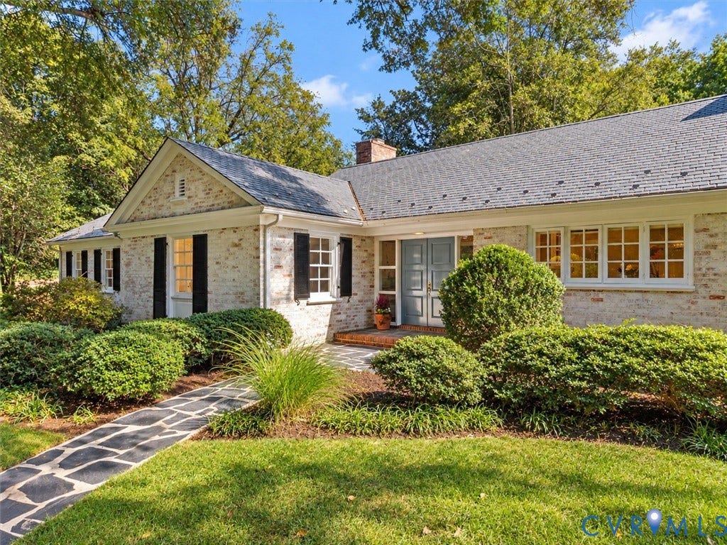 6208 Tapoan Place, Three Chopt, Richmond, VA 23226 Stone exterior with black shutters and a covered entry portico anchors this single-story residence