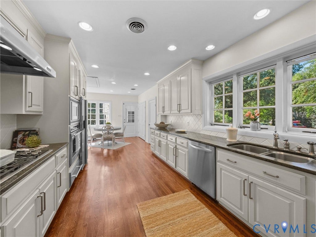 6208 Tapoan Place, Three Chopt, Richmond, VA 23226 White cabinetry with brushed nickel hardware, stainless steel appliances, dark countertops, wood-finish flooring, and recessed lighting