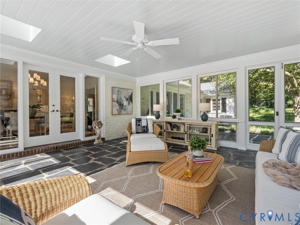 6208 Tapoan Place, Three Chopt, Richmond, VA 23226 Sunroom featuring skylights, a ceiling fan, French doors, multiple windows, and flagstone flooring