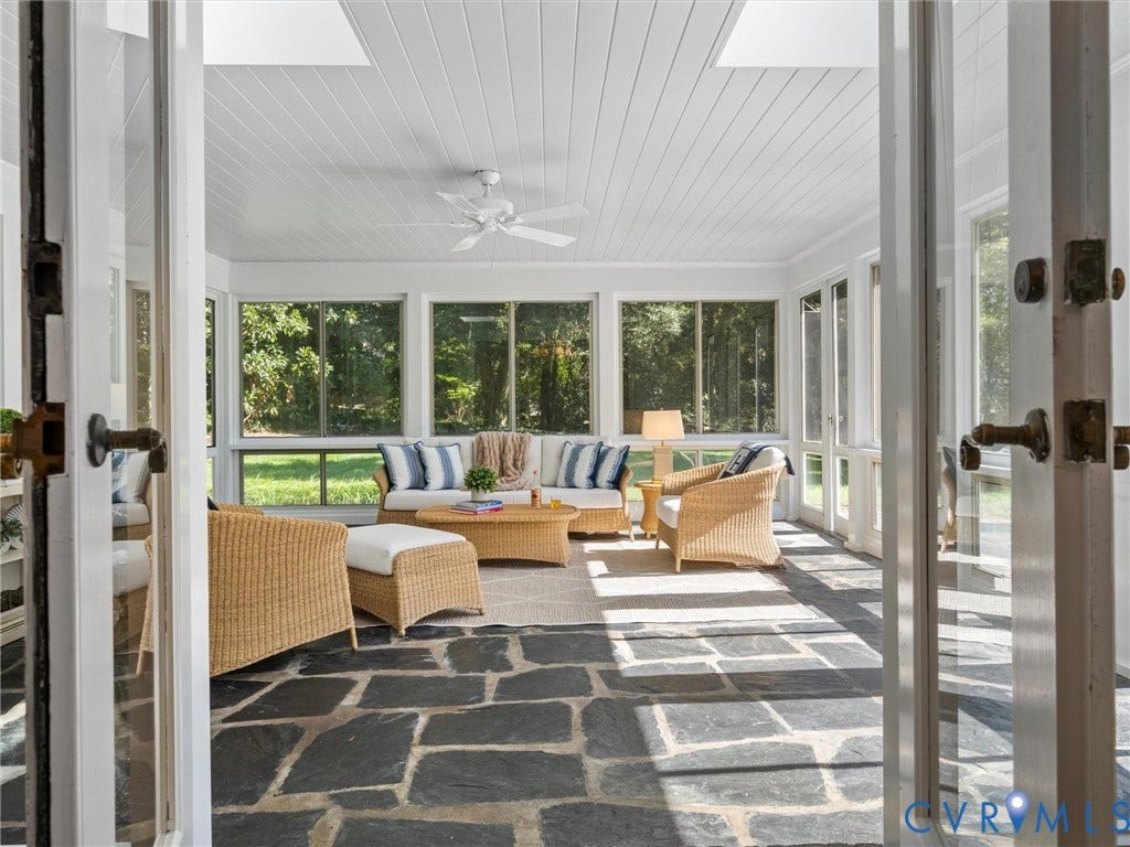 6208 Tapoan Place, Three Chopt, Richmond, VA 23226 Screened porch featuring flagstone flooring, paneled ceiling, skylights, and a ceiling fan