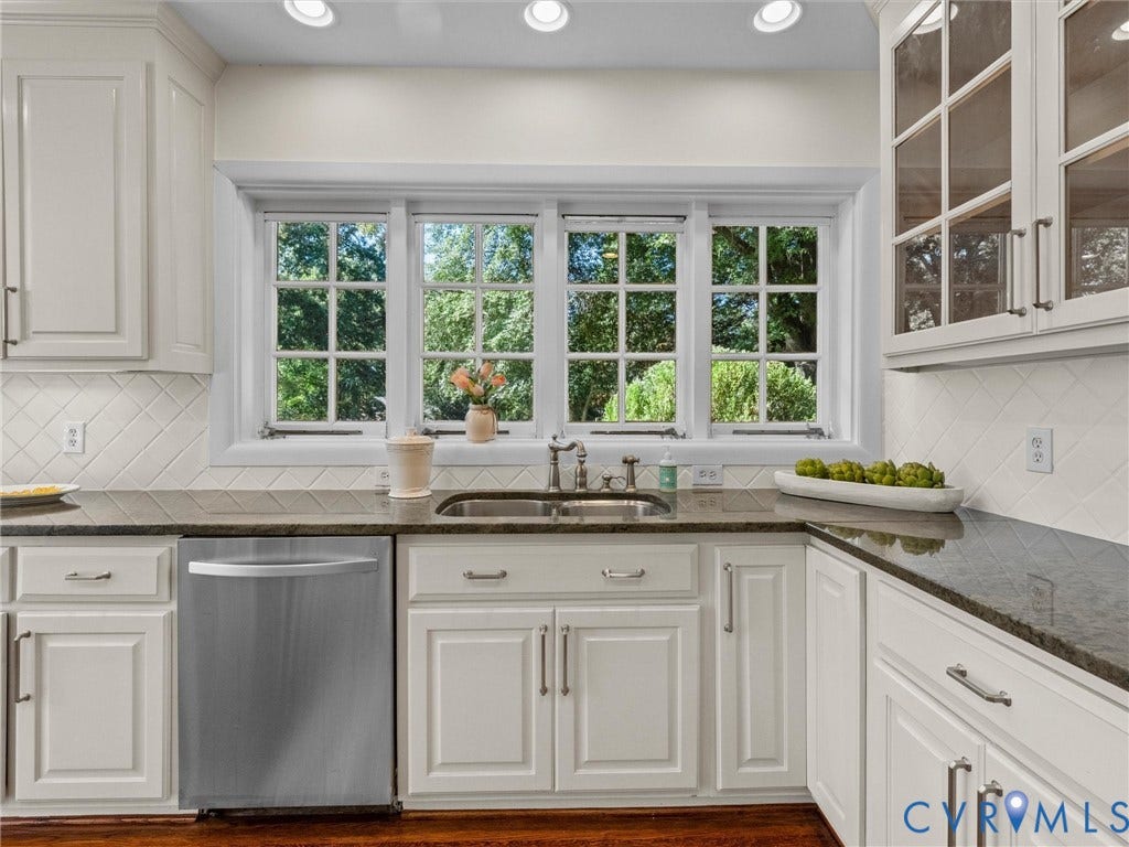 6208 Tapoan Place, Three Chopt, Richmond, VA 23226 White shaker cabinetry, dark stone countertops, stainless steel undermount sink, diagonal tile backsplash, and recessed lighting