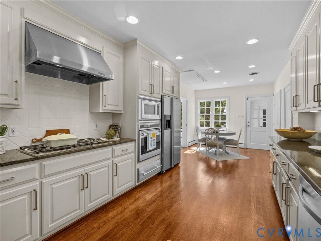 6208 Tapoan Place, Three Chopt, Richmond, VA 23226 White cabinetry with dark hardware, stainless steel appliances, dark countertops, wood-finish flooring, and recessed lighting