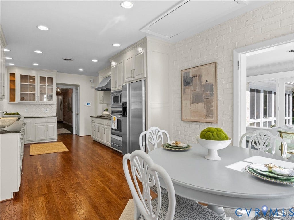 6208 Tapoan Place, Three Chopt, Richmond, VA 23226 Kitchen featuring wood-finish flooring, recessed lighting, white cabinetry with display features, stainless steel appliances, and a tile backsplash