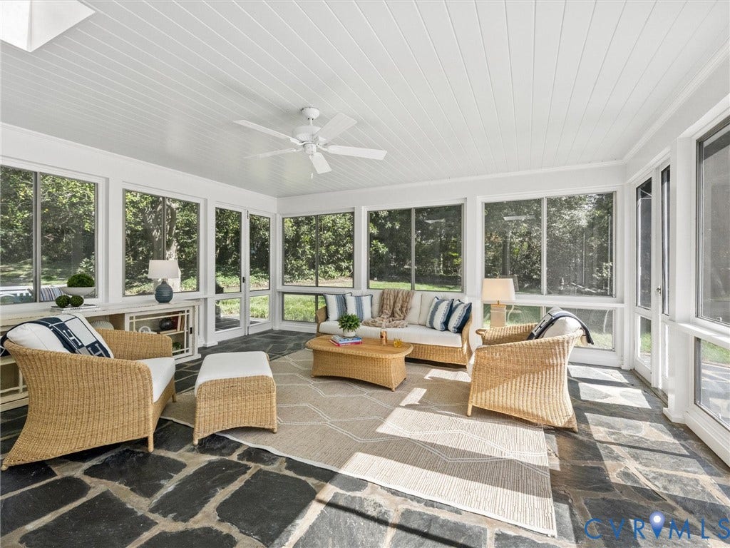 6208 Tapoan Place, Three Chopt, Richmond, VA 23226 Sunroom featuring a stone floor, beadboard ceiling, white ceiling fan, and multiple windows