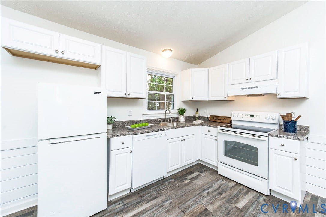 21108 Matoaca Road, Chesterfield, VA 23803 Kitchen featuring white cabinetry, gray speckled countertops, an integrated sink, and wood-finish flooring