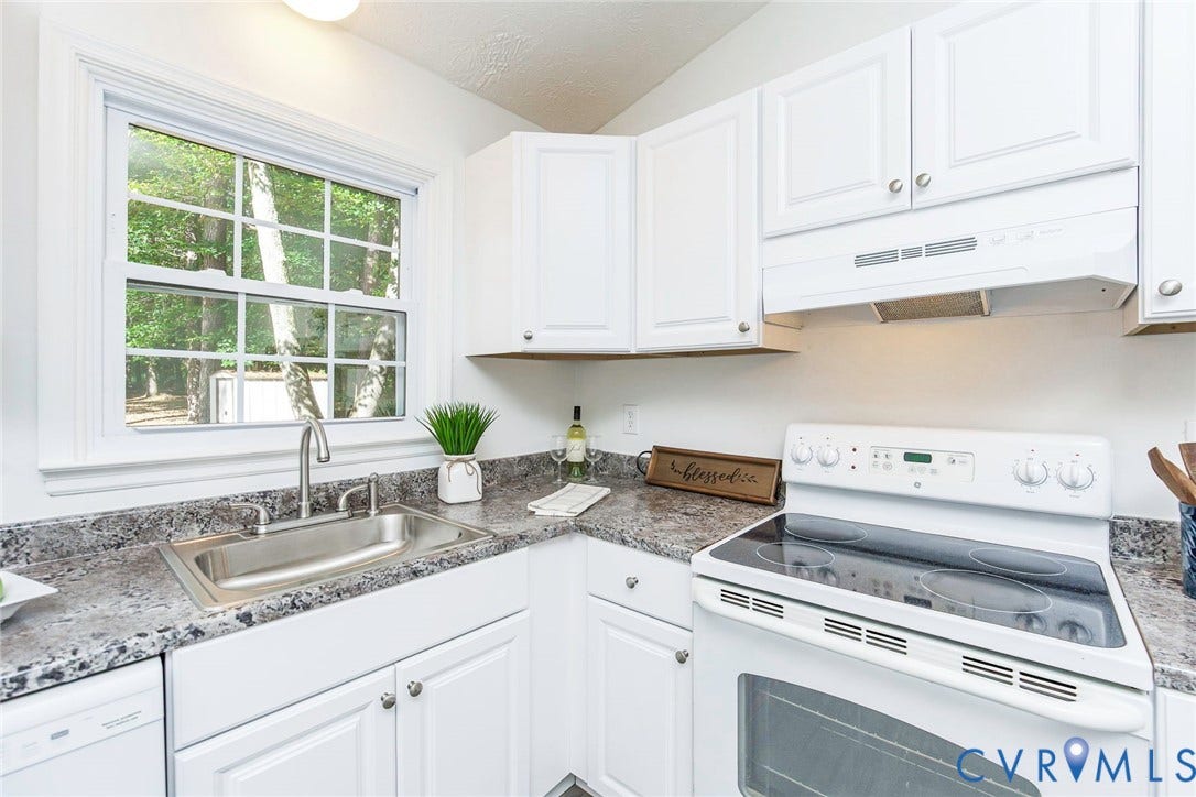 21108 Matoaca Road, Chesterfield, VA 23803 White cabinetry, stainless steel sink, wood-finish countertops, white electric range, and a dishwasher