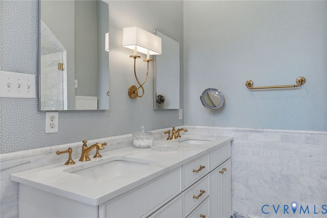 2624 Park Avenue, The Fan District, Richmond, VA 23220 Dual sinks with gold-toned fixtures, a white vanity and quartz countertop