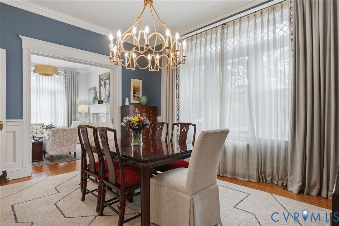 2624 Park Avenue, The Fan District, Richmond, VA 23220 Expansive window with custom draperies, designer chandelier and beautiful millwork